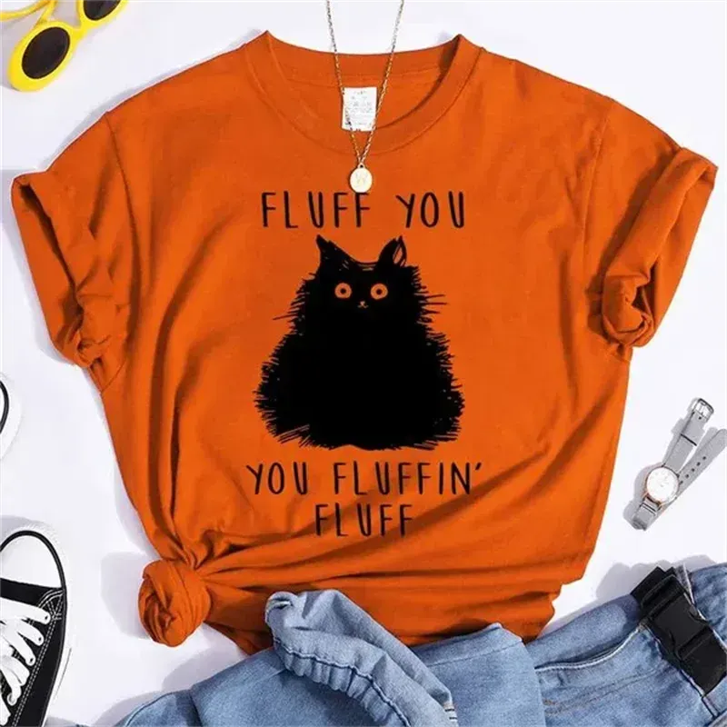 1 - WC - Women's Retro Tee: "Fluff You" cat design, casual 90s summer style