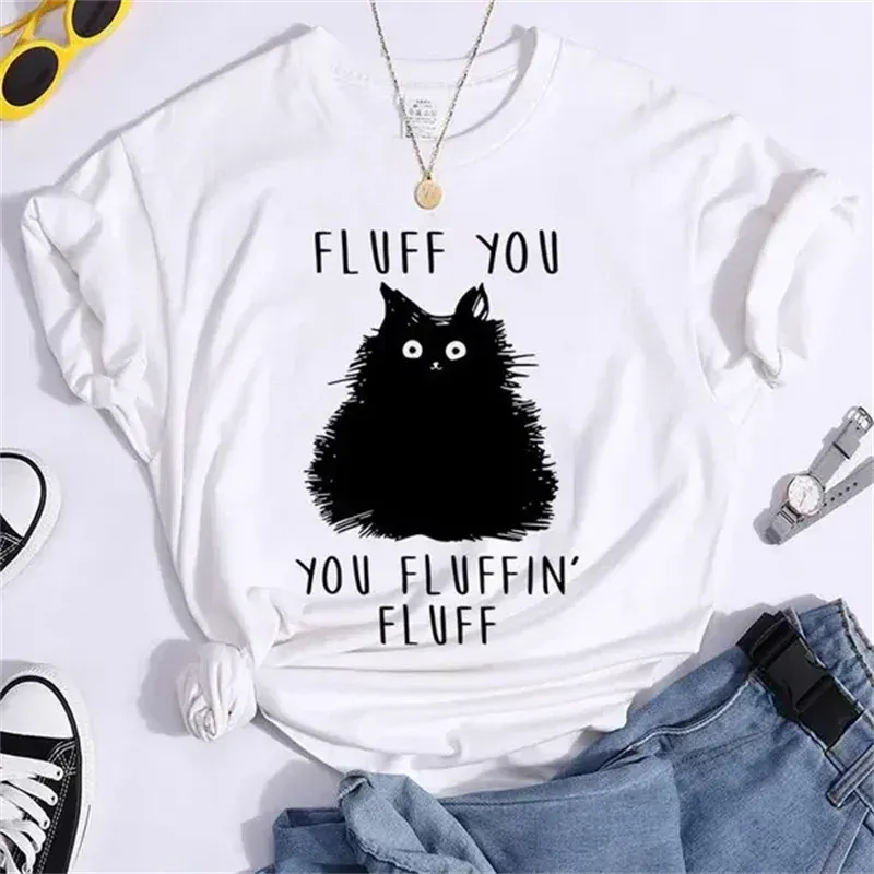 1 - WC - Women's Retro Tee: "Fluff You" cat design, casual 90s summer style