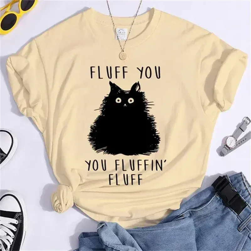 1 - WC - Women's Retro Tee: "Fluff You" cat design, casual 90s summer style