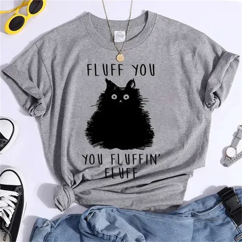 1 - WC - Women's Retro Tee: "Fluff You" cat design, casual 90s summer style