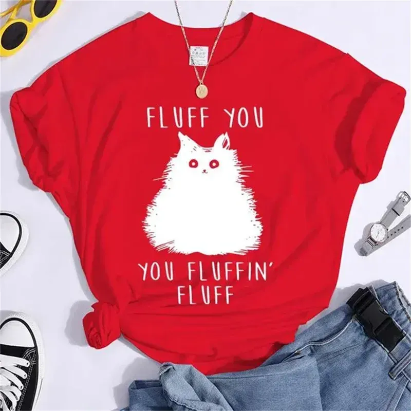 1 - WC - Women's Retro Tee: "Fluff You" cat design, casual 90s summer style