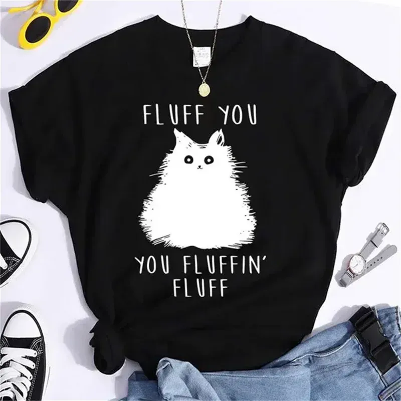 1 - WC - Women's Retro Tee: "Fluff You" cat design, casual 90s summer style