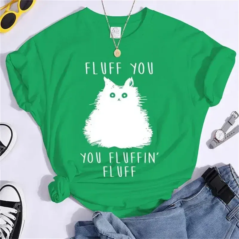 1 - WC - Women's Retro Tee: "Fluff You" cat design, casual 90s summer style