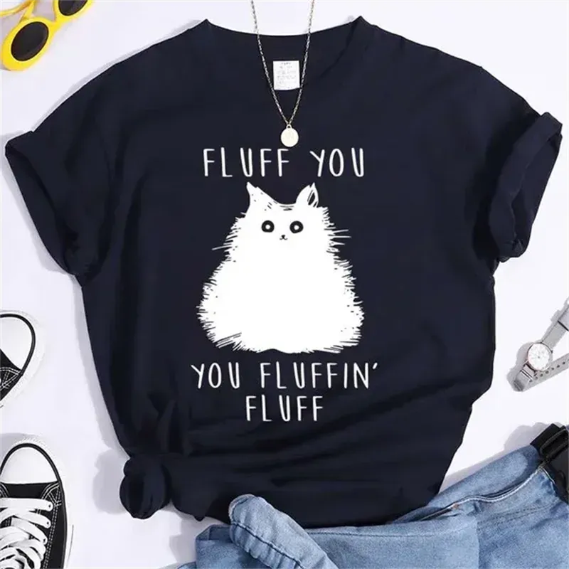 1 - WC - Women's Retro Tee: "Fluff You" cat design, casual 90s summer style