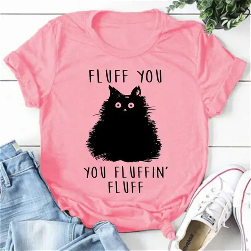 1 - WC - Women's Retro Tee: "Fluff You" cat design, casual 90s summer style