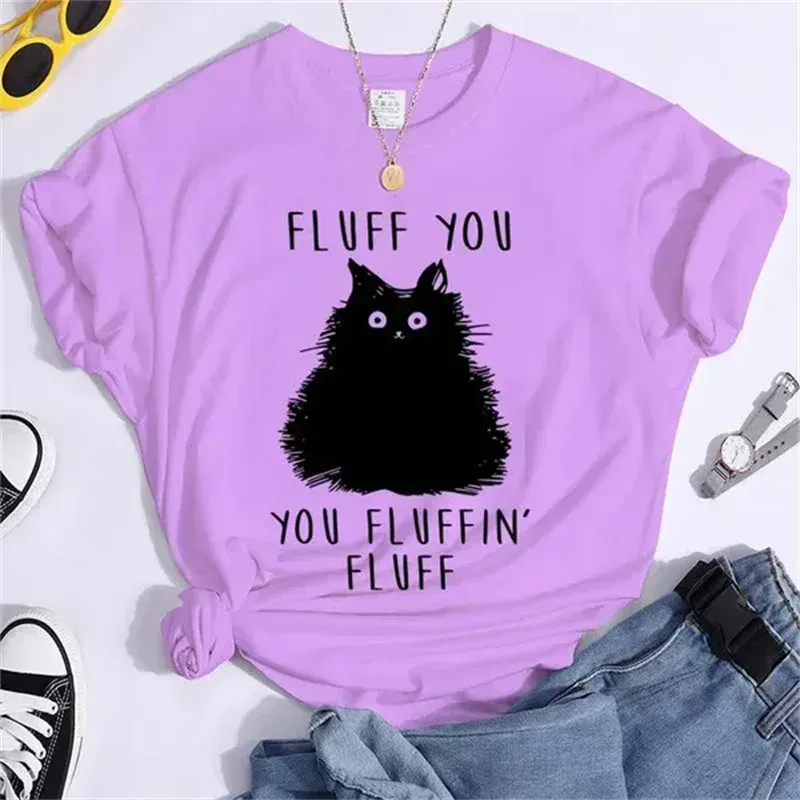 1 - WC - Women's Retro Tee: "Fluff You" cat design, casual 90s summer style