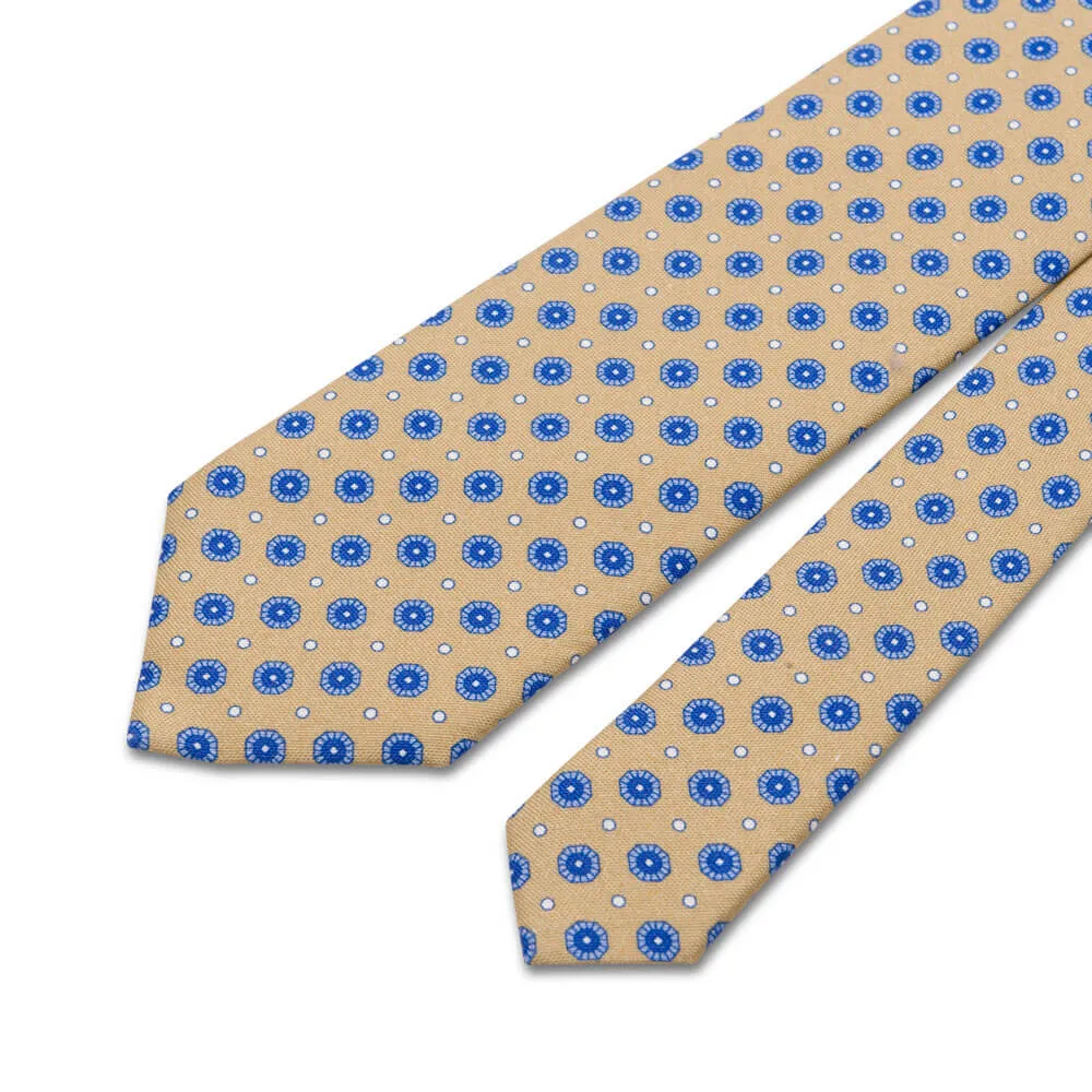 Beige and Blue Classic Motif Silk Cotton Tie