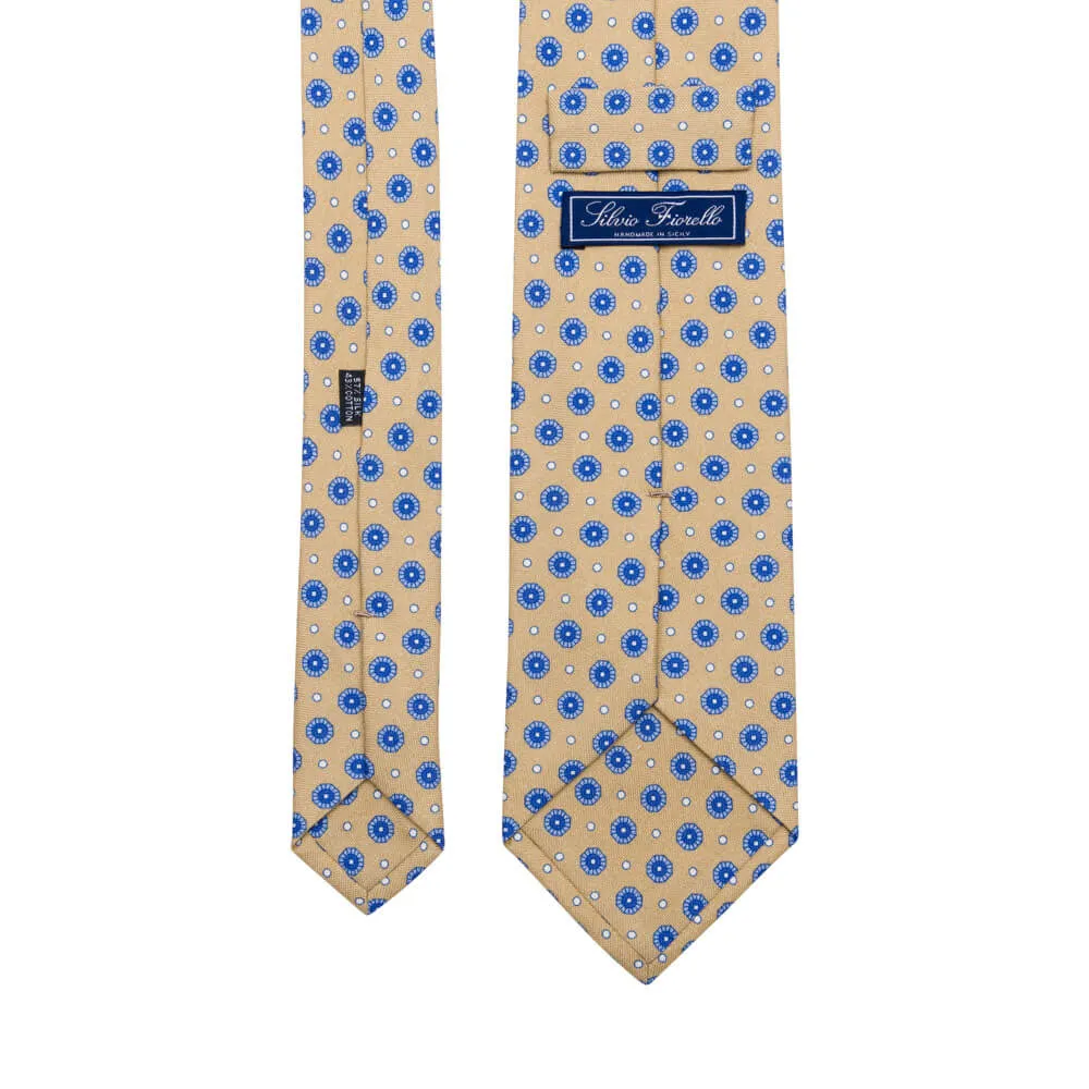 Beige and Blue Classic Motif Silk Cotton Tie