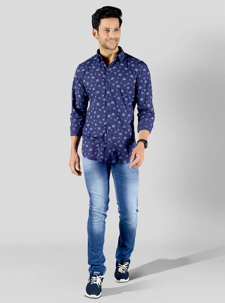 Blue Printed Slim Fit Casual Shirt | JadeBlue