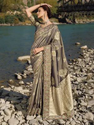 Brown Embroidery Banarasi Silk Saree