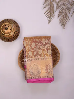 Brown Pure Kanchipuram (Bridal) Silk Saree with Floral Motif on the body and Contrast Zari Border