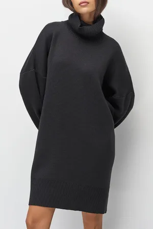 Casual Turtleneck Long Sleeve Shift Winter Oversized Sweater Mini Dress - Black