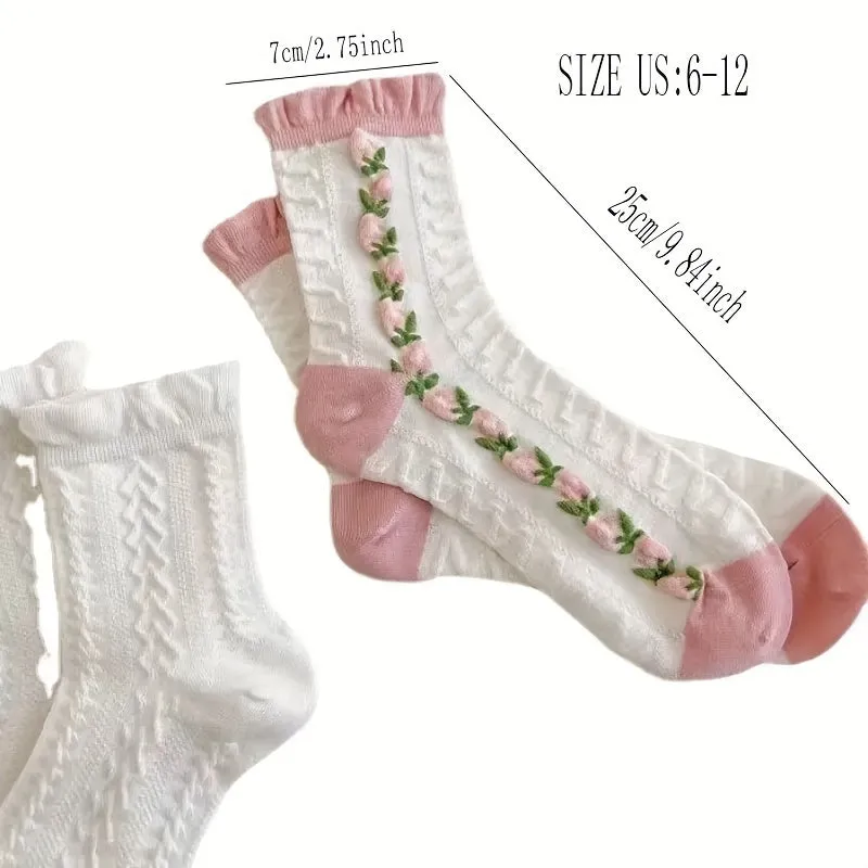 Charming Lace Textured Crew Socks for Women and Girls