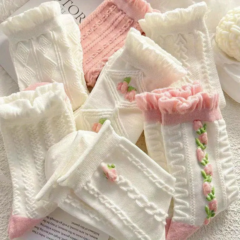 Charming Lace Textured Crew Socks for Women and Girls