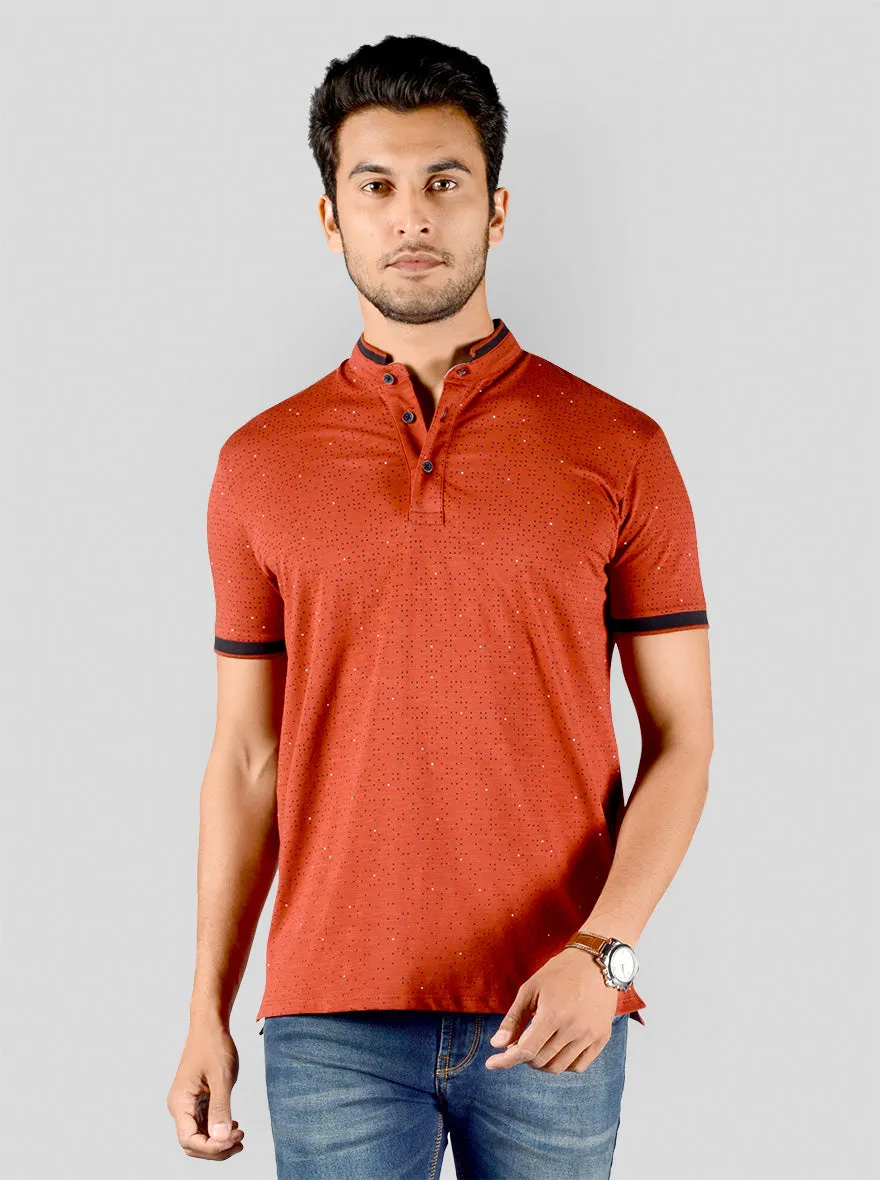 Cinnamon Red Printed Slim Fit Polo T-shirt | JadeBlue