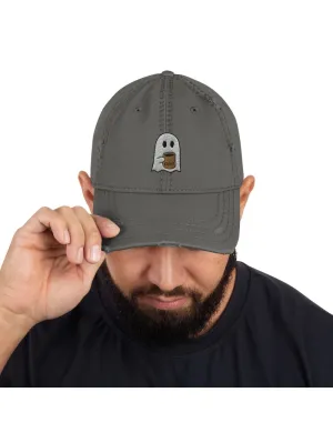 Coffee Ghost Embroidered Distressed Dad Hat