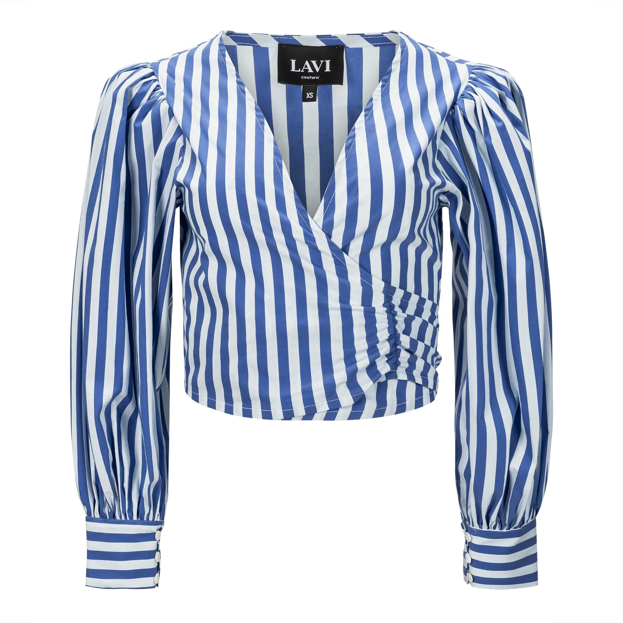 Cropped Wrap Blouse - Blue   White Stripe