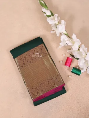 Dark Green Pure Kanchipuram Bridal Silk Saree with Zari Butta on the Body with Zari Border