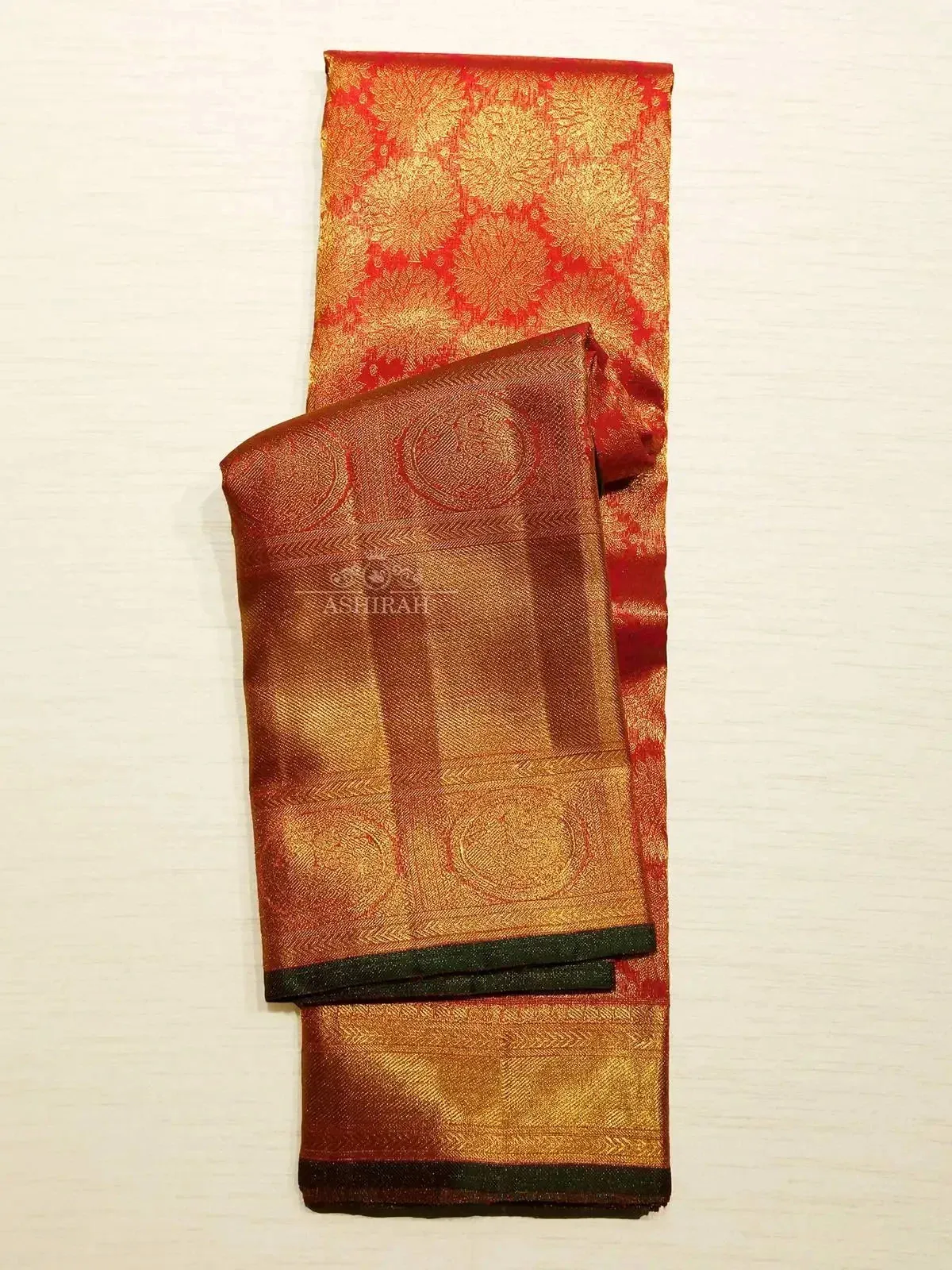 Dark Orange Pure Kanchipuram (Bridal) Silk Saree with Design Motif on the Body and Peacock Motifs Zari Border