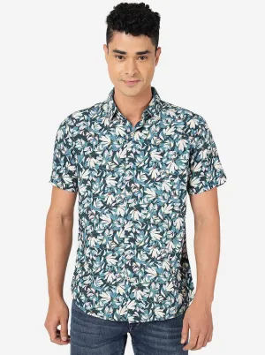 Deep Teal Printed Slim Fit Casual Shirt | JadeBlue