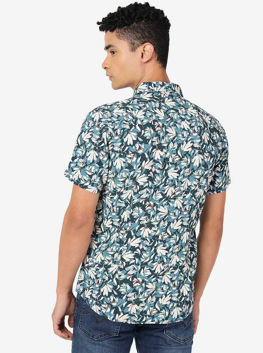 Deep Teal Printed Slim Fit Casual Shirt | JadeBlue