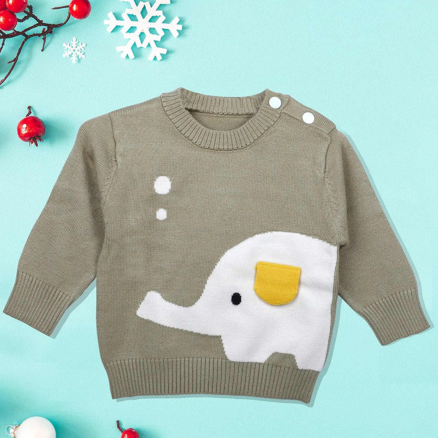 Elephant With 3D Ear Premium Full Sleeves Knitted Sweater - Olive Green