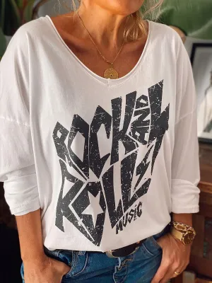 Fashion casual rock print V-neck casual loose T-shirt