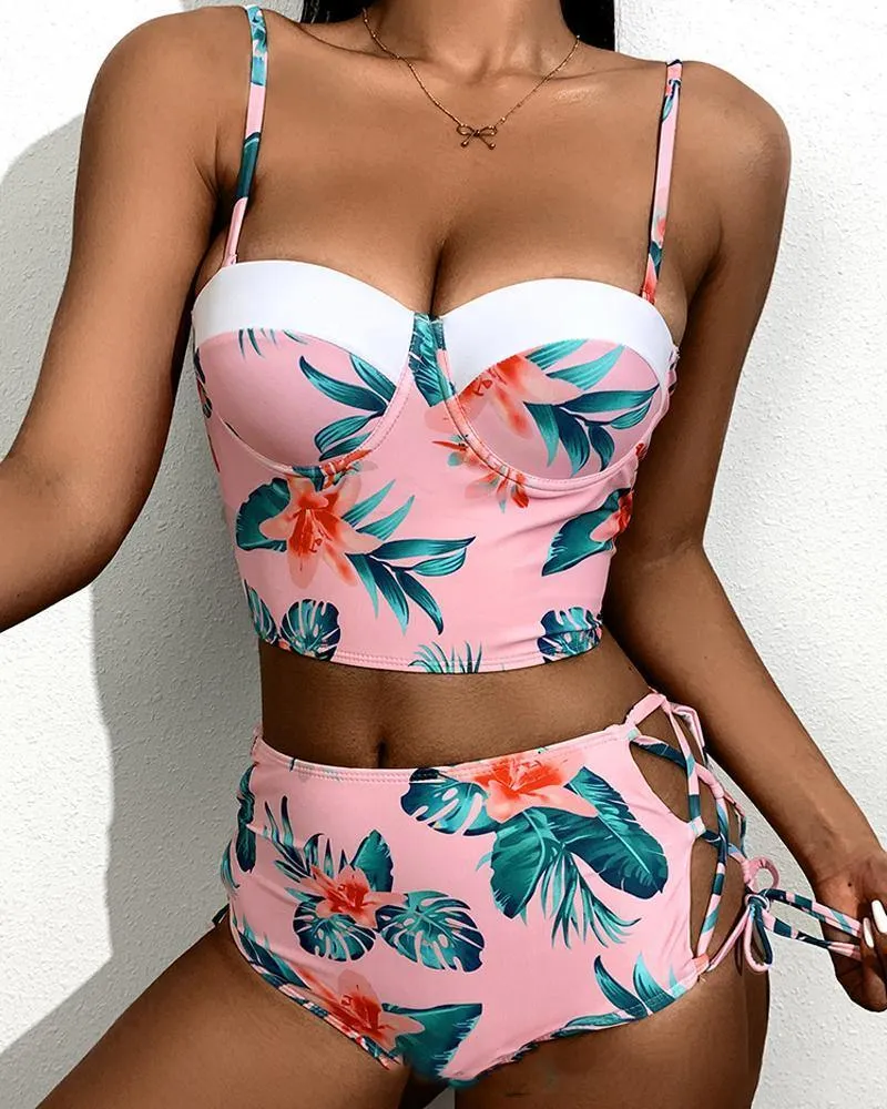 Floral Print Strap Tanks With Panties Bikini Sets