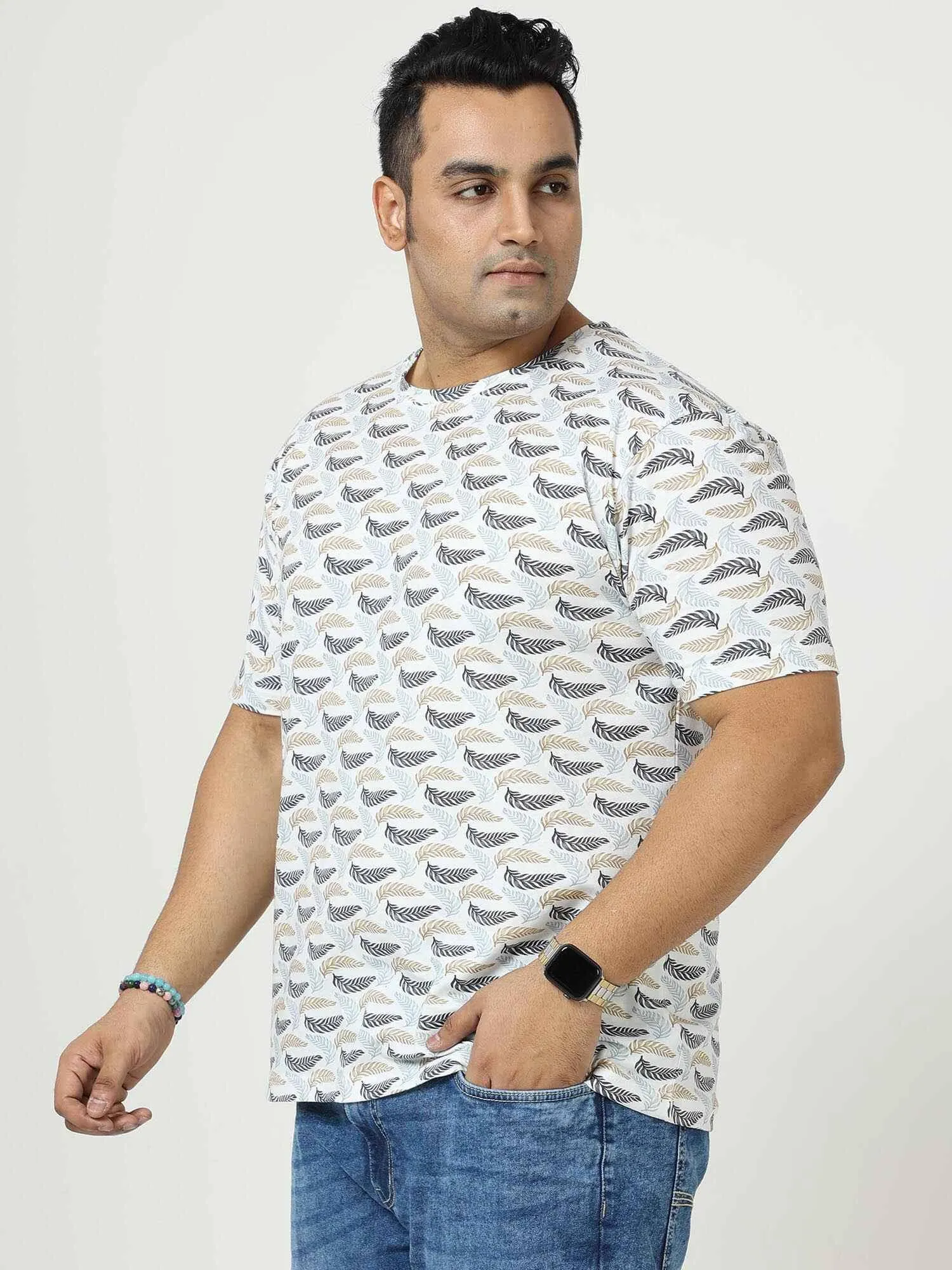 Golden Grey Leaf Digital Printed Round Neck T-Shirt Men's Plus Size