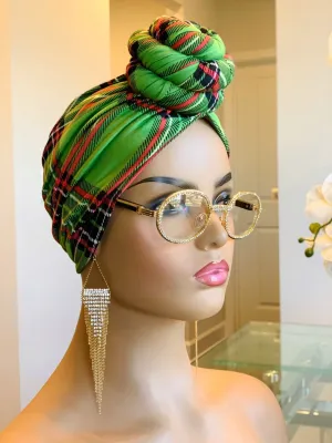 Green Plaid Pre-Tied Turban