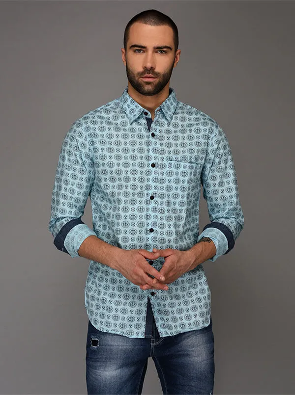 Greenfibre Light Blue Printed Slim Fit Casual Shirt