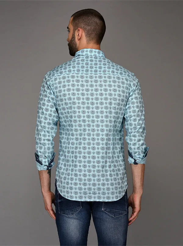 Greenfibre Light Blue Printed Slim Fit Casual Shirt