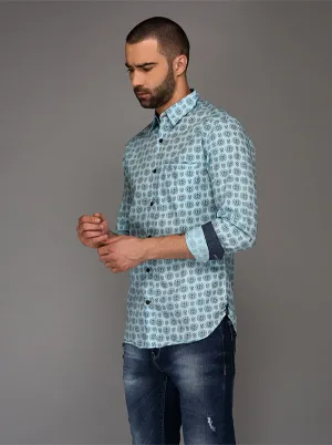 Greenfibre Light Blue Printed Slim Fit Casual Shirt