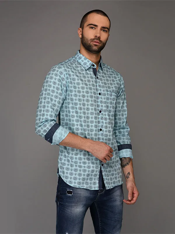 Greenfibre Light Blue Printed Slim Fit Casual Shirt