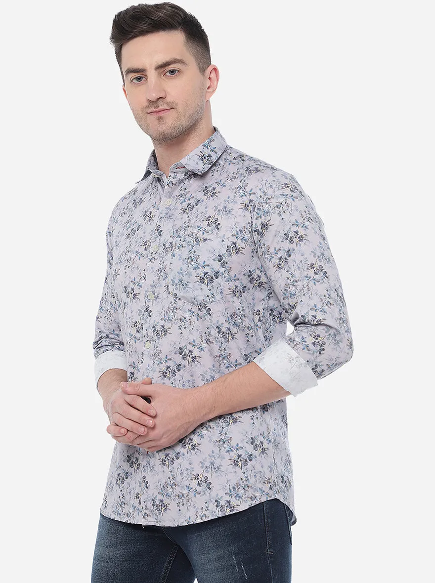 Grenish Blue Printed Slim Fit Semi Casual Shirt | JadeBlue