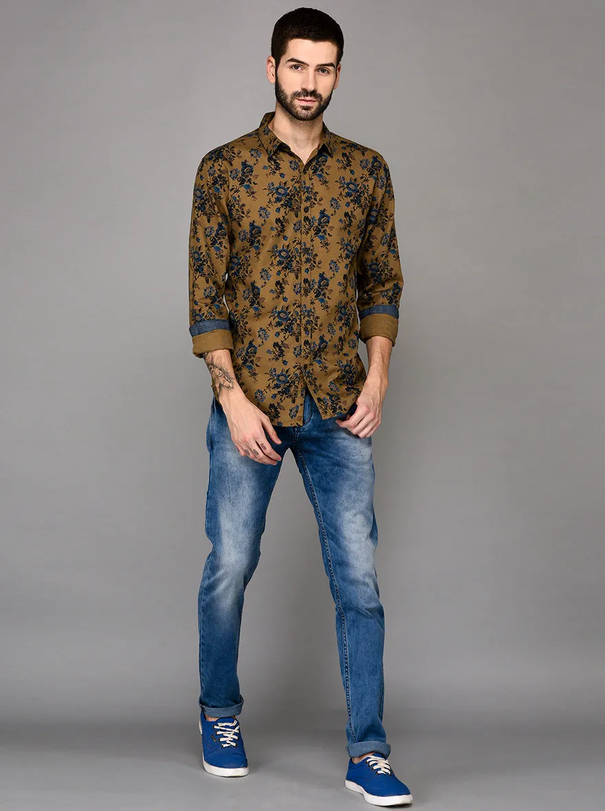 JadeBlue Khaki Printed Slim Fit Casual Shirt | JadeBlue