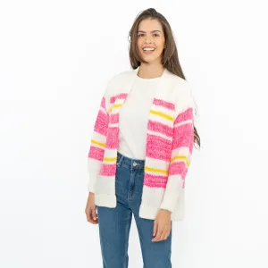 Joules Womens Cardigan Pink White Slouchy Stripe Supersoft Chunky Knit