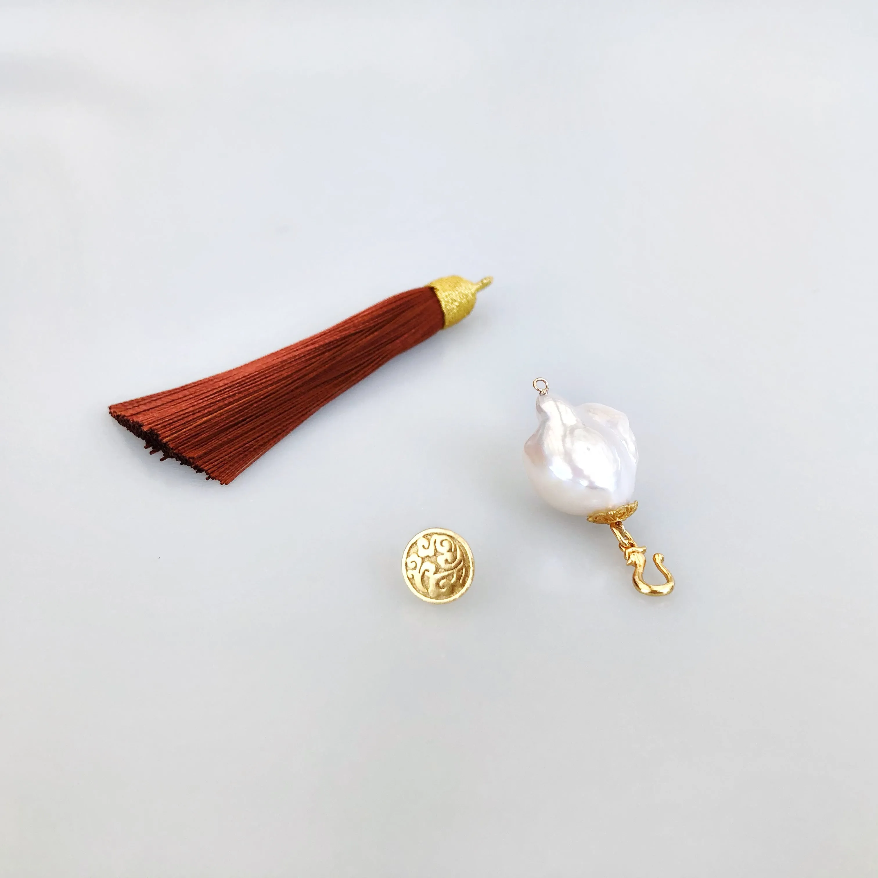 Large Baroque Pearl Charm Pink Silk Tassel Earrings