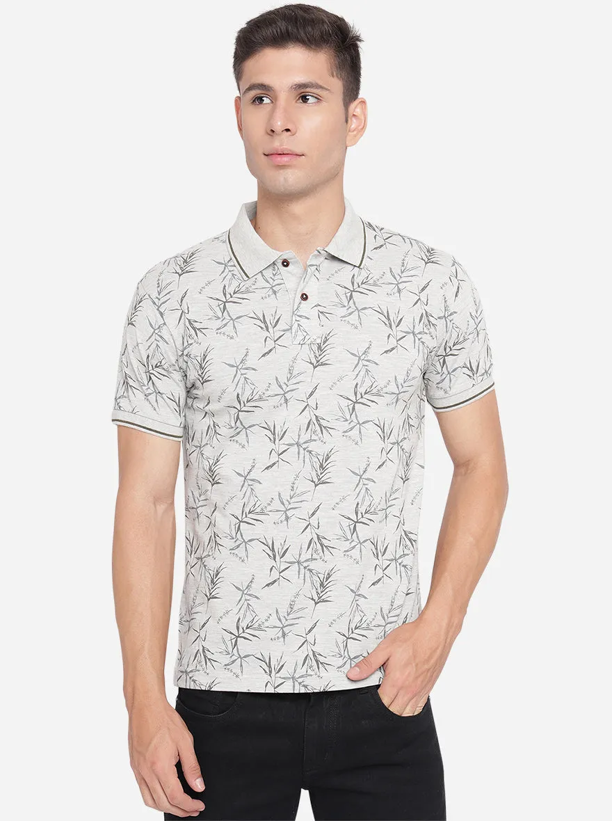 Light Grey Printed Slim Fit Polo T-Shirt | Greenfibre