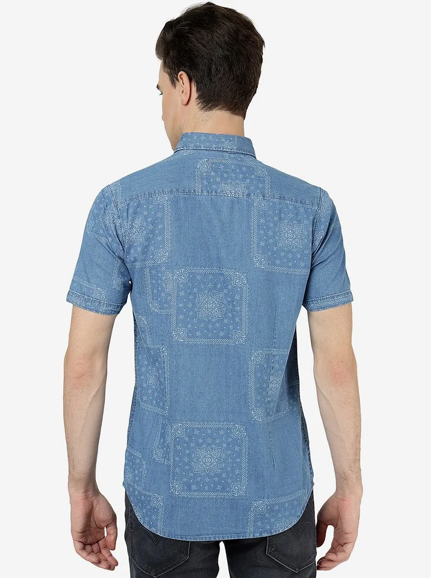 Light Indigo Blue Printed Slim Fit Casual Shirt | JadeBlue