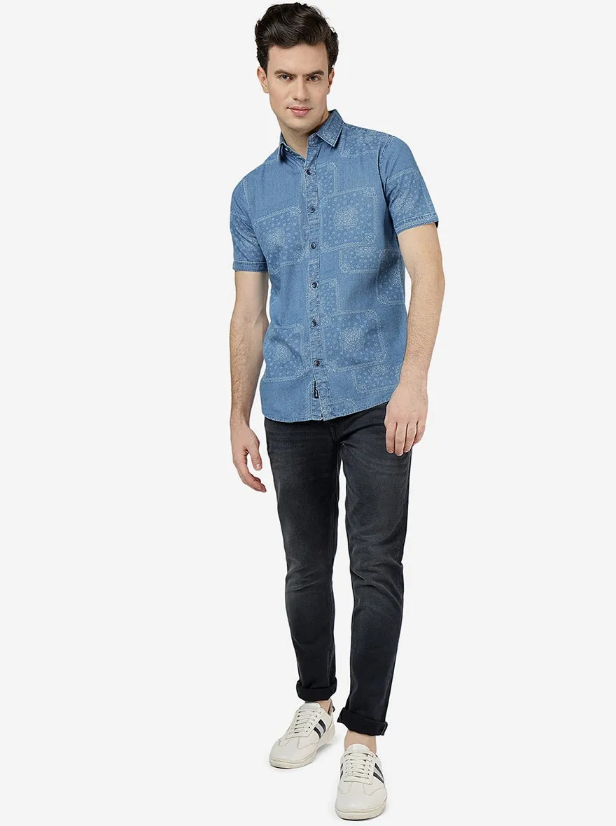 Light Indigo Blue Printed Slim Fit Casual Shirt | JadeBlue