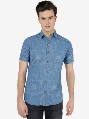 Light Indigo Blue Printed Slim Fit Casual Shirt | JadeBlue