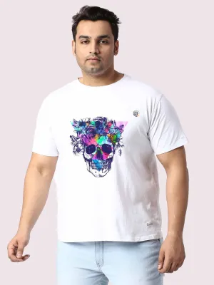 Men Plus Size White Colour Splash Skull Printed Round Neck T-Shirt