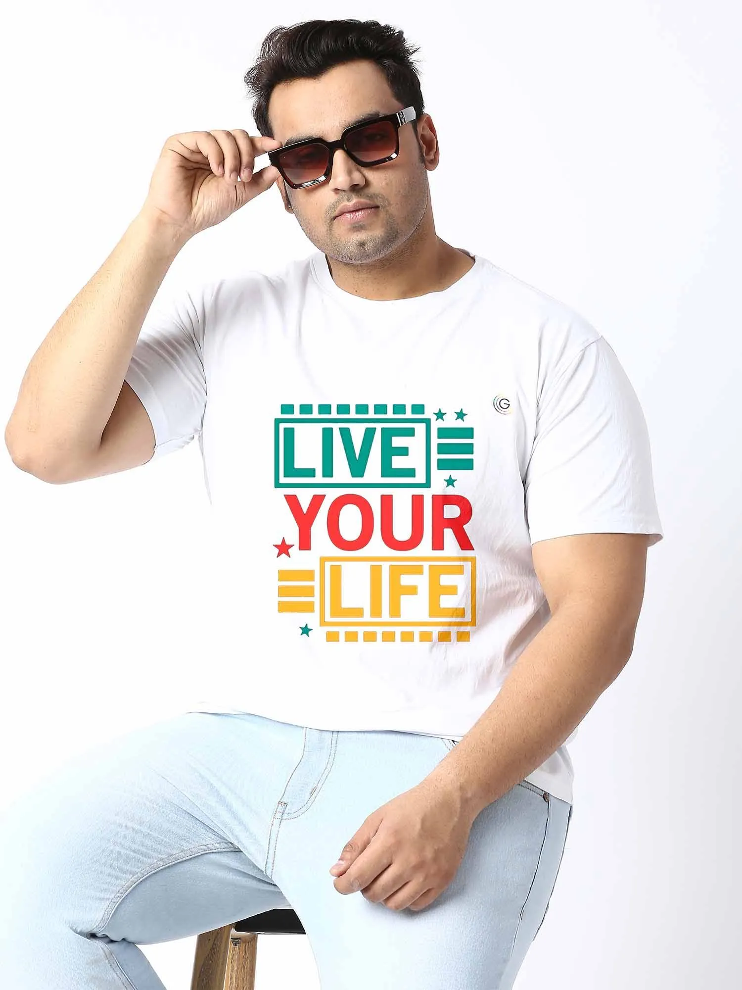 Men Plus Size White Live Your Life Printed Round Neck T-Shirt