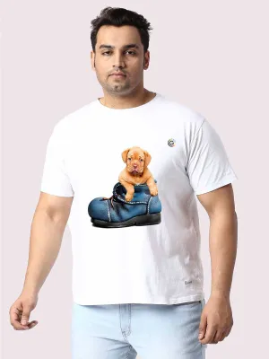 Men Plus Size White Puppy in a Shoe Printed Round Neck T-Shirt