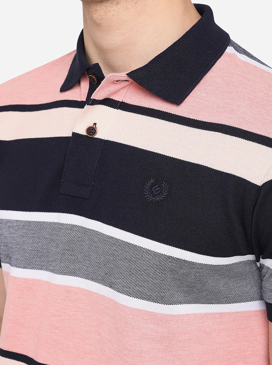 Peach & Black Striped Slim Fit Polo T-Shirt | Greenfibre