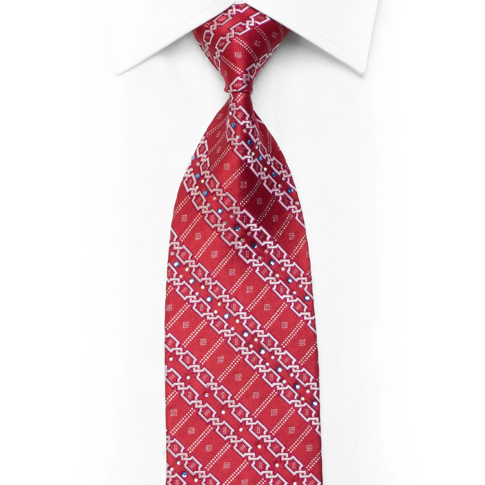 Rhinestone Silk Tie Silver Interlocking Striped Pattern On Red With Sparkles