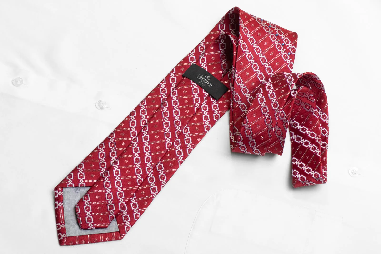 Rhinestone Silk Tie Silver Interlocking Striped Pattern On Red With Sparkles