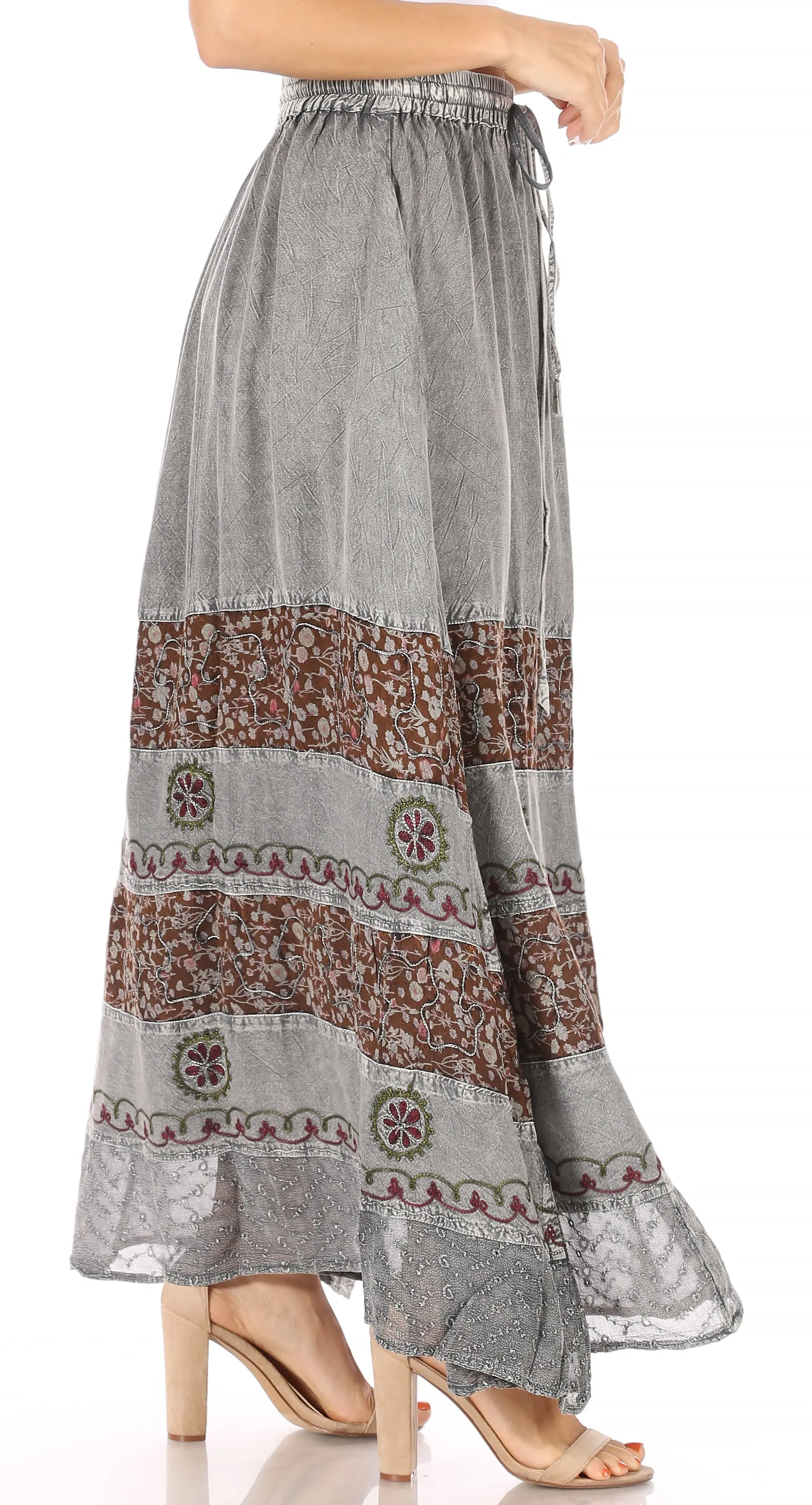 Sakkas Sandra Women's Casual Long Maxi Boho Gypsy Skirt Elastic Waist & Pockets