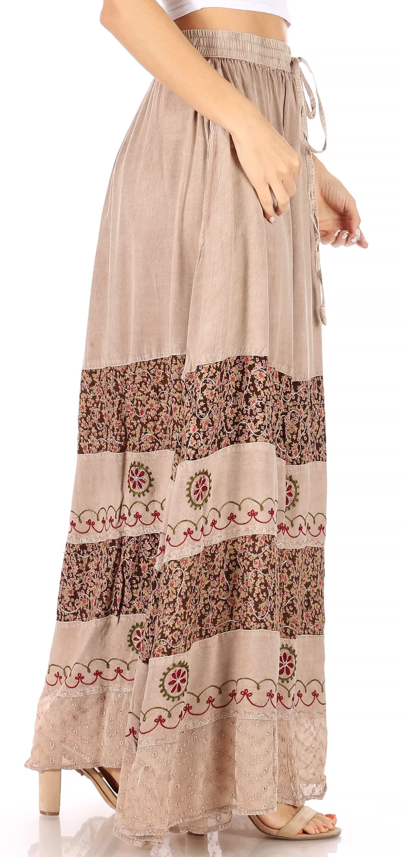 Sakkas Sandra Women's Casual Long Maxi Boho Gypsy Skirt Elastic Waist & Pockets